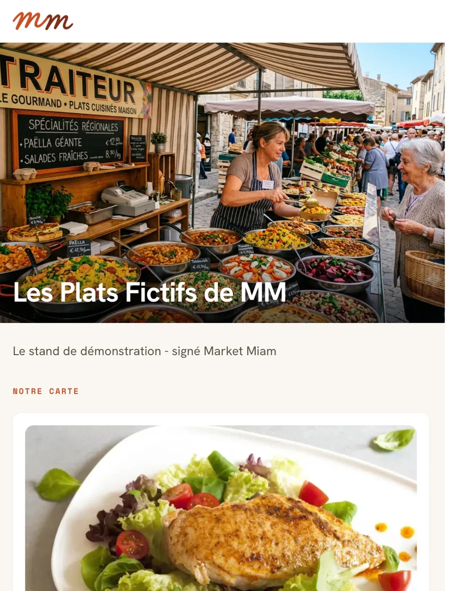 Exemple de vitrine Market Miam : photo de stand, nom du traiteur et sa carte